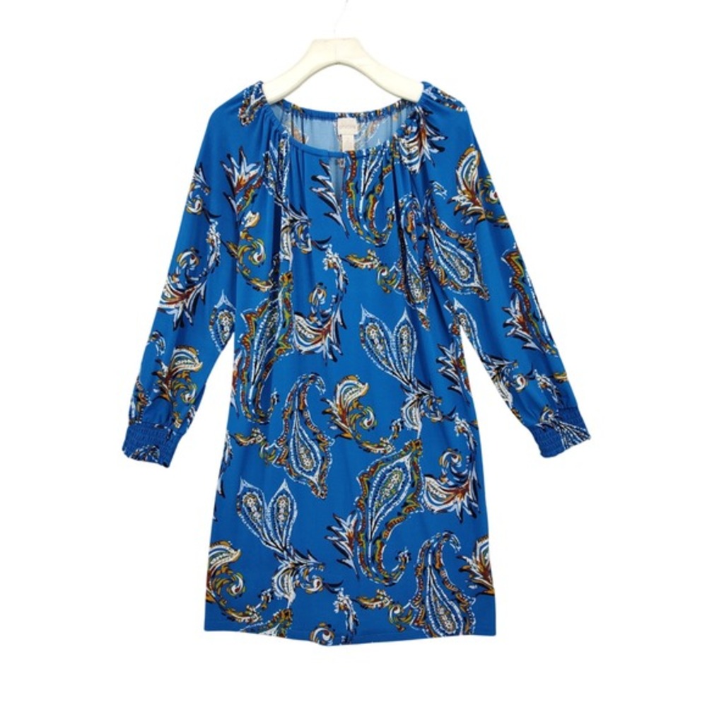Chico's Women Peasant Coastal Paisley Boho Dress L Blue Long Sleeve Smocked Cuff